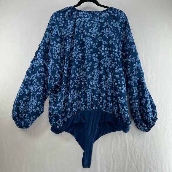 Draper James RSVP Ruffled Long Sleeve Bodysuit Size 2X Button Front Floral Blue - Picture 2 of 12